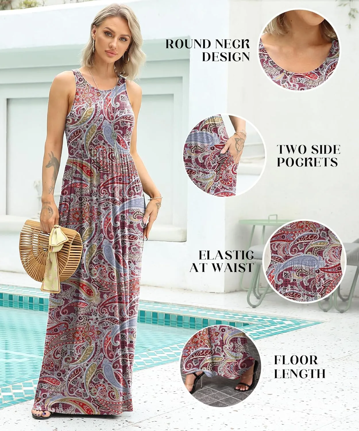 EUOVMY Women's Sleeveless Maxi Dress Casual Floral Loose Summer Vacation Long Maxi Dresses with Pockets