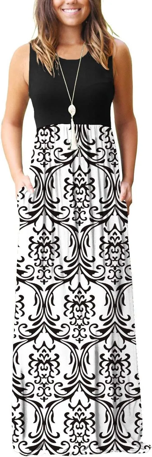 EUOVMY Women's Sleeveless Maxi Dress Casual Floral Loose Summer Vacation Long Maxi Dresses with Pockets