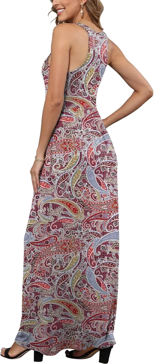 EUOVMY Women's Sleeveless Maxi Dress Casual Floral Loose Summer Vacation Long Maxi Dresses with Pockets