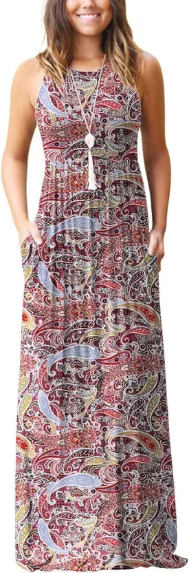 EUOVMY Women's Sleeveless Maxi Dress Casual Floral Loose Summer Vacation Long Maxi Dresses with Pockets