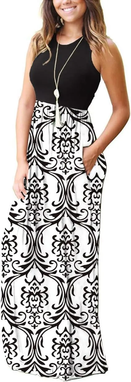EUOVMY Women's Sleeveless Maxi Dress Casual Floral Loose Summer Vacation Long Maxi Dresses with Pockets