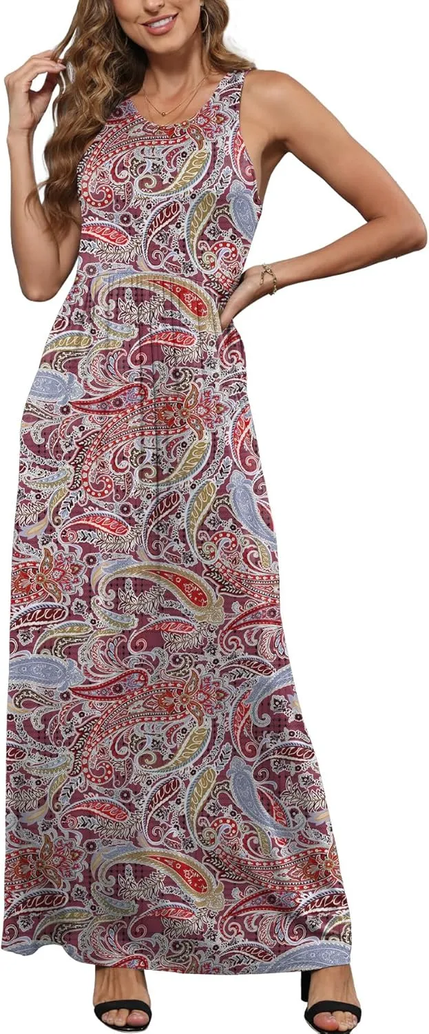 EUOVMY Women's Sleeveless Maxi Dress Casual Floral Loose Summer Vacation Long Maxi Dresses with Pockets