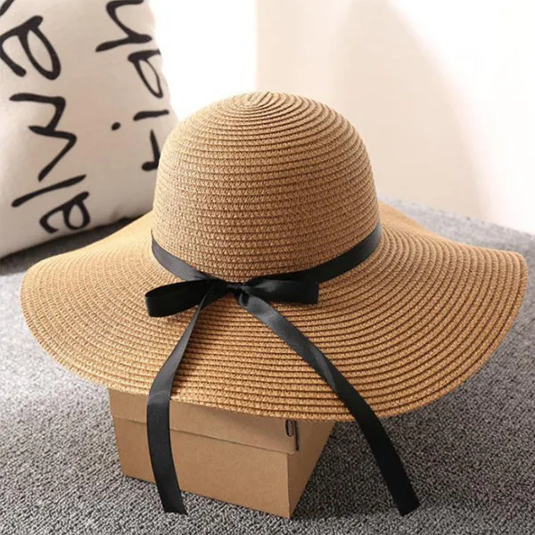 Foldable Girls Straw Black Ribbon Bow Hat 可折疊女生黑絲帶蝴蝶結草帽 (KCHT2044a)