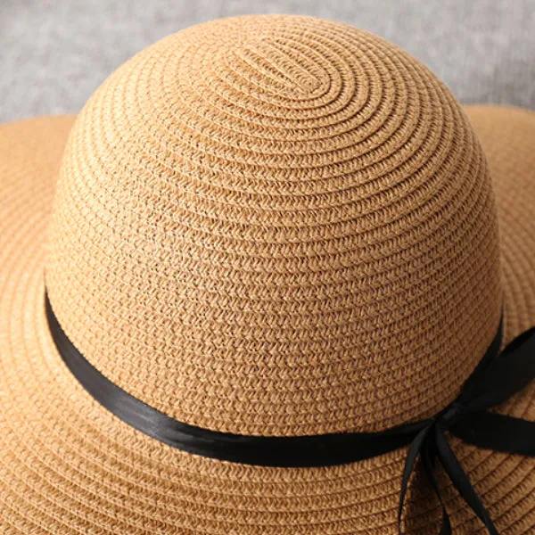 Foldable Girls Straw Black Ribbon Bow Hat 可折疊女生黑絲帶蝴蝶結草帽 (KCHT2044a)