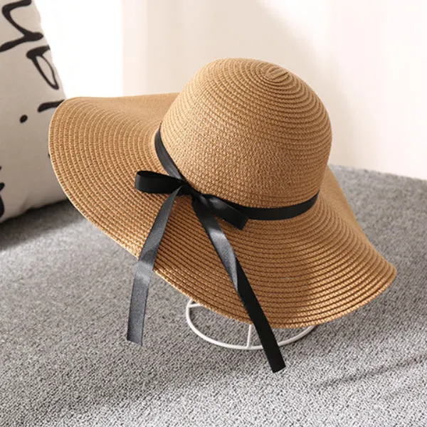 Foldable Girls Straw Black Ribbon Bow Hat 可折疊女生黑絲帶蝴蝶結草帽 (KCHT2044a)