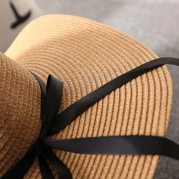 Foldable Girls Straw Black Ribbon Bow Hat 可折疊女生黑絲帶蝴蝶結草帽 (KCHT2044a)
