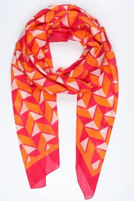 Geometric Print Bordered Cotton Scarf in Fuchsia