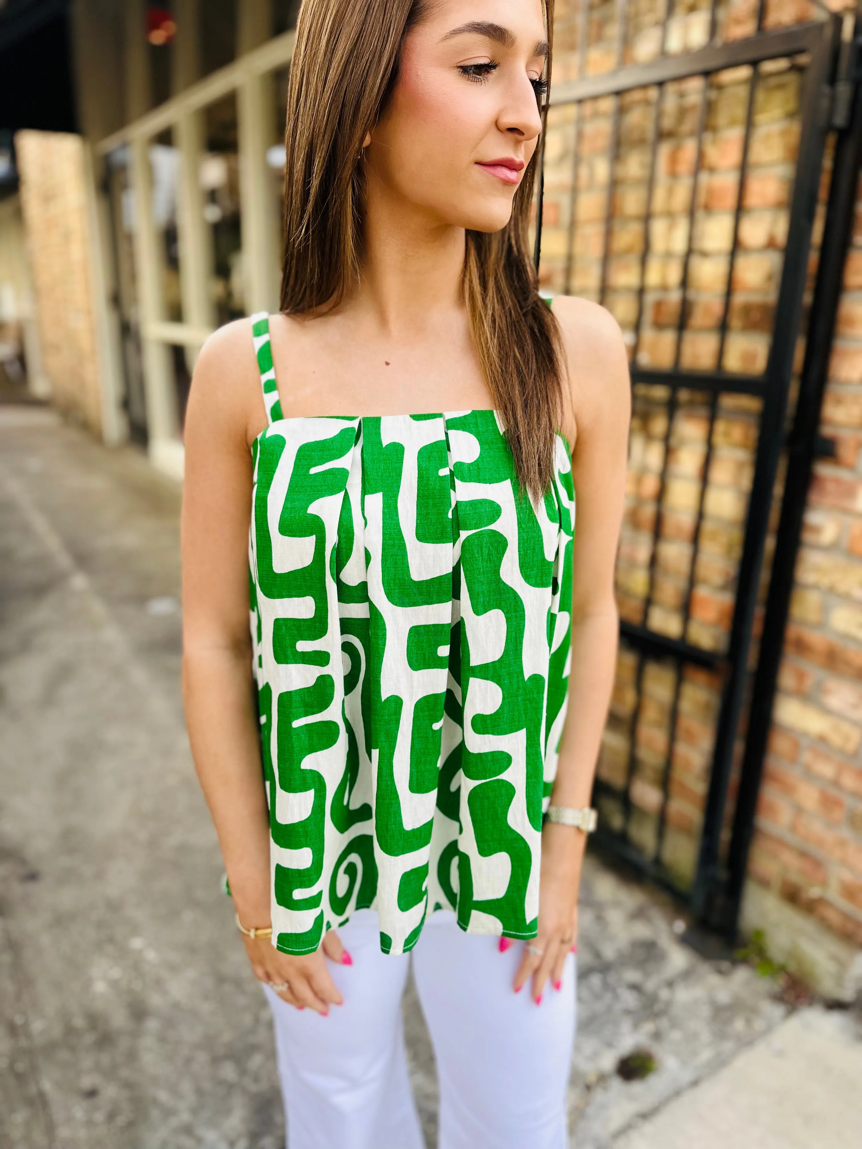 Helena Linen Geo Tank- Green