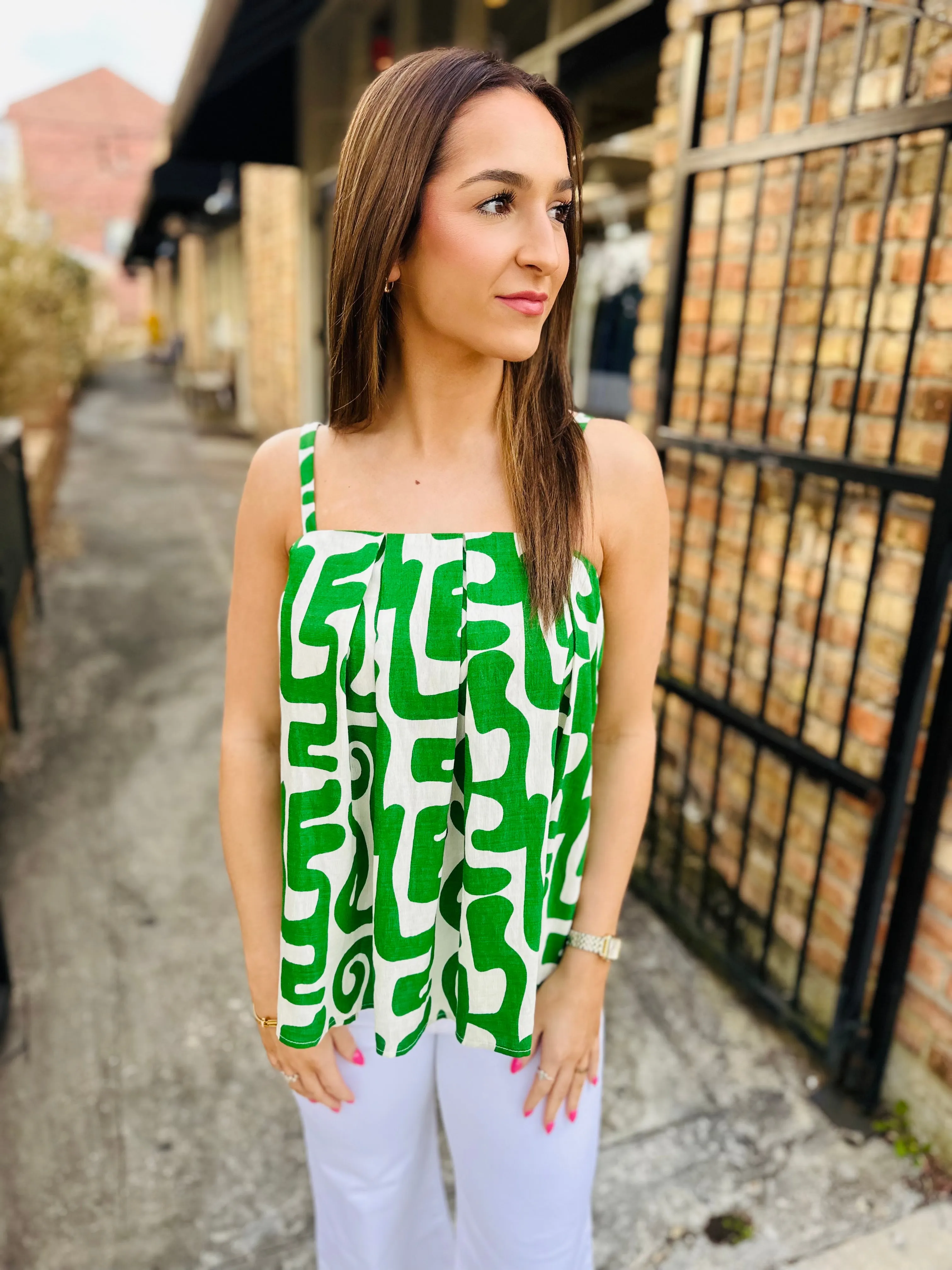 Helena Linen Geo Tank- Green
