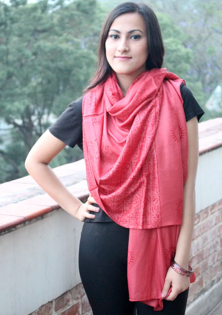 Hindu Om Printed Coral Brown Cotton Shawl From Nepal