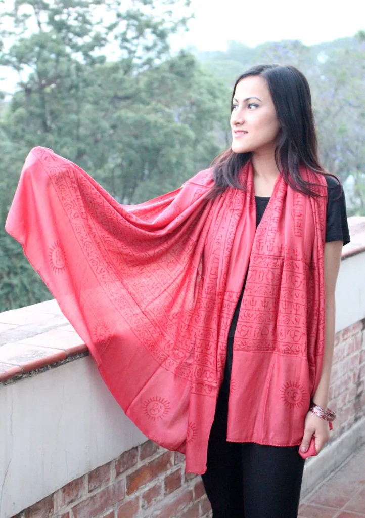 Hindu Om Printed Coral Brown Cotton Shawl From Nepal