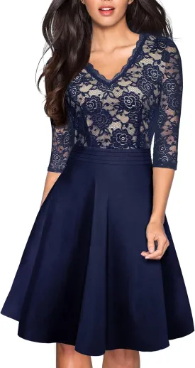 HOMEYEE Women's Chic V-Neck Lace Patchwork Flare Party Dress A062