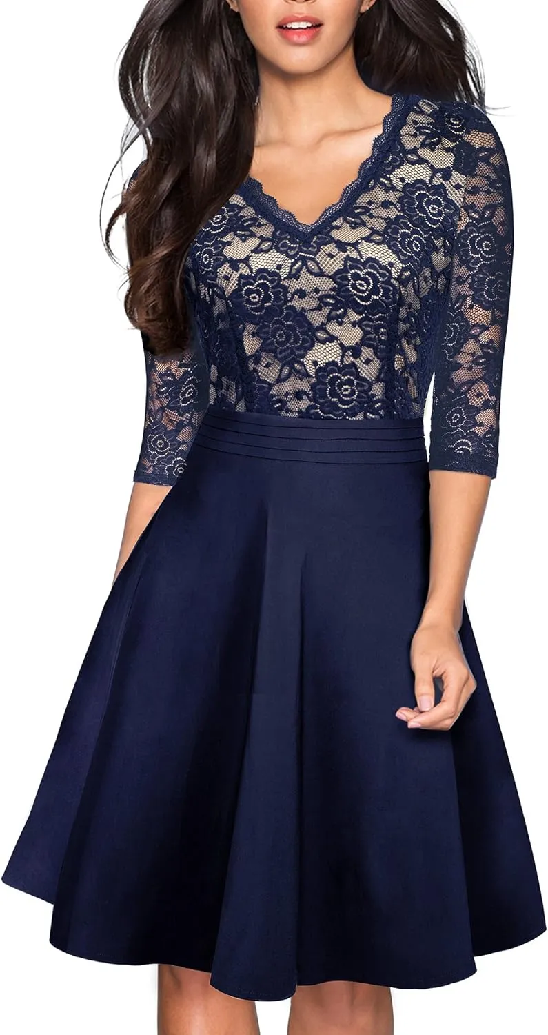 HOMEYEE Women's Chic V-Neck Lace Patchwork Flare Party Dress A062