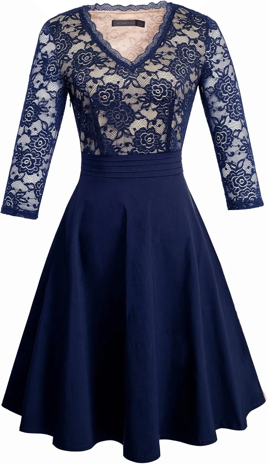 HOMEYEE Women's Chic V-Neck Lace Patchwork Flare Party Dress A062