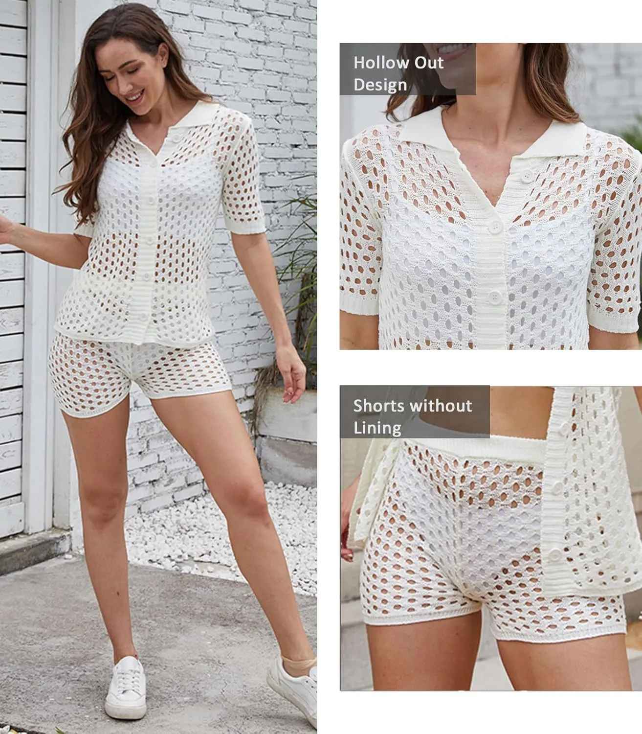 KANSOON Short Sets Women 2 Piece Outfits Knit Color Block Short Sleeve Button Down Shirt and Shorts Set