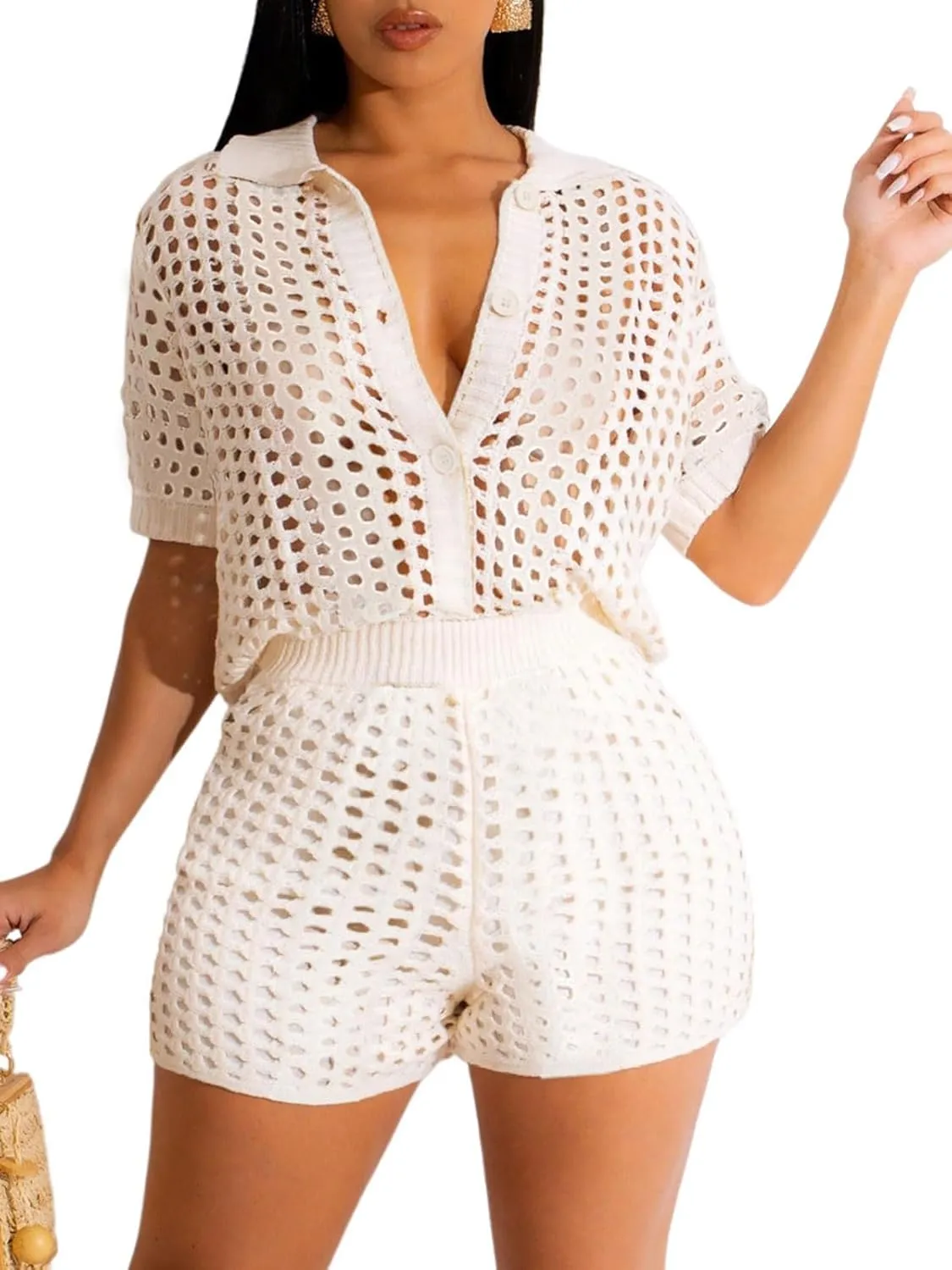 KANSOON Short Sets Women 2 Piece Outfits Knit Color Block Short Sleeve Button Down Shirt and Shorts Set