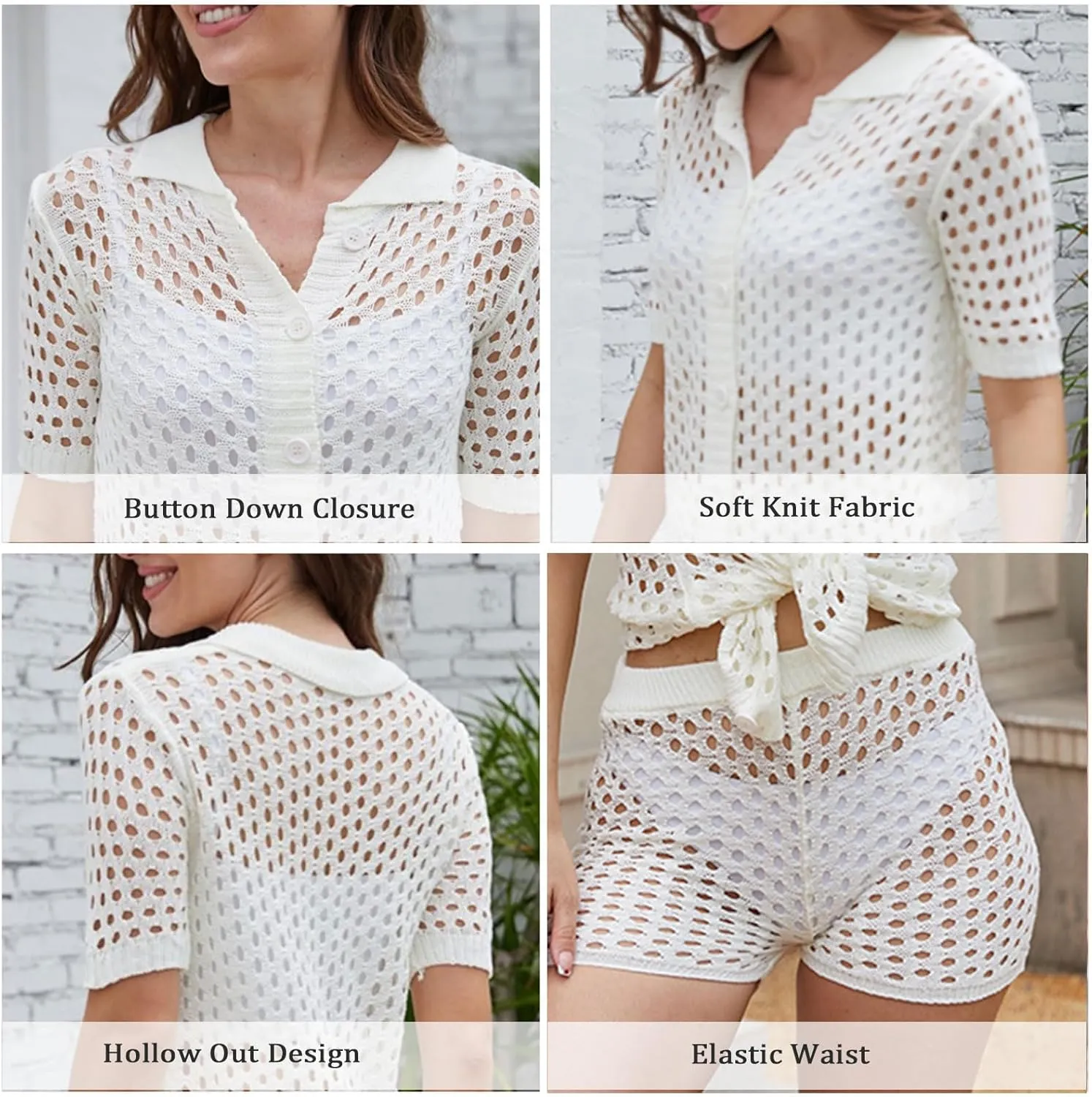 KANSOON Short Sets Women 2 Piece Outfits Knit Color Block Short Sleeve Button Down Shirt and Shorts Set