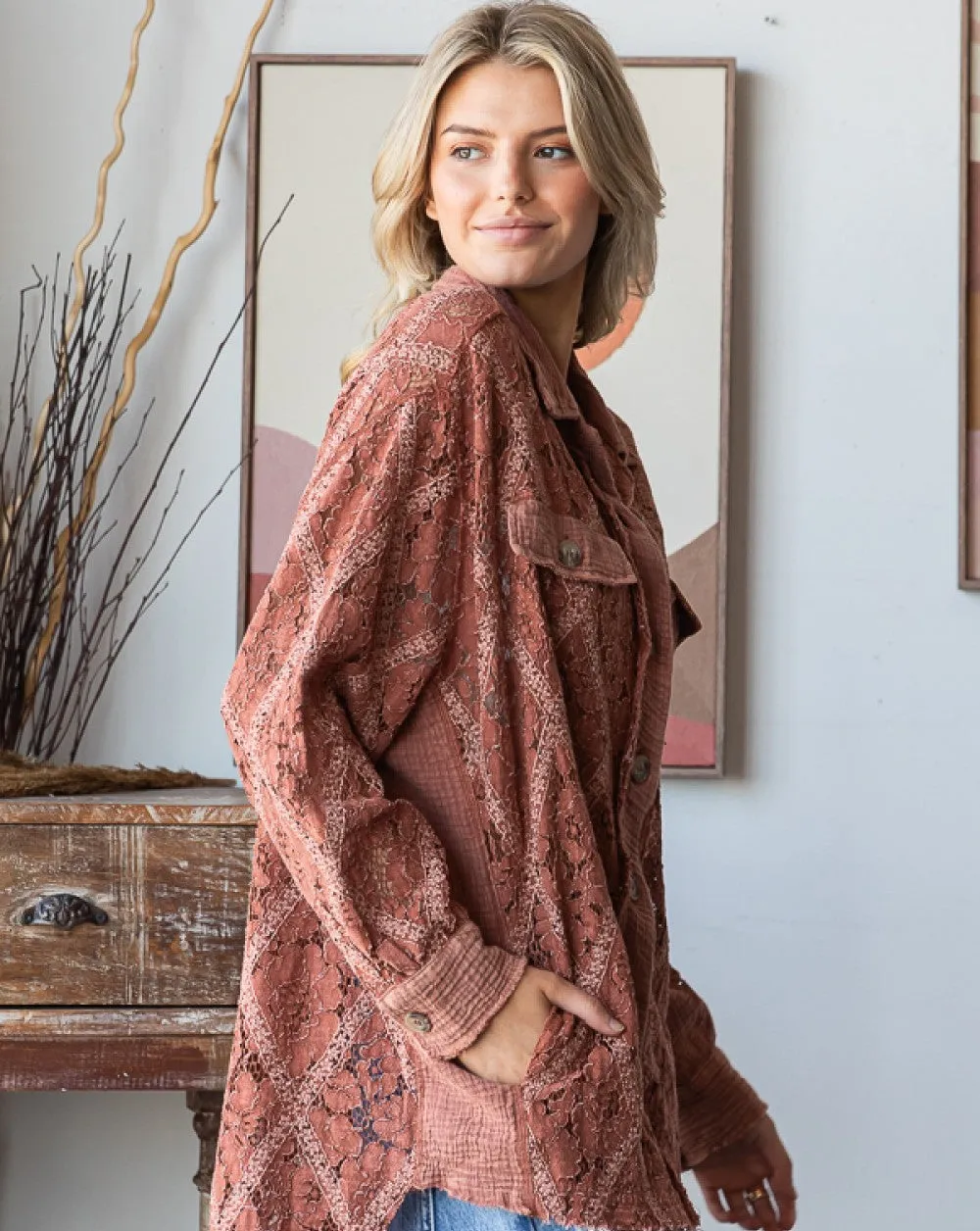 Lace Button Front Shirt