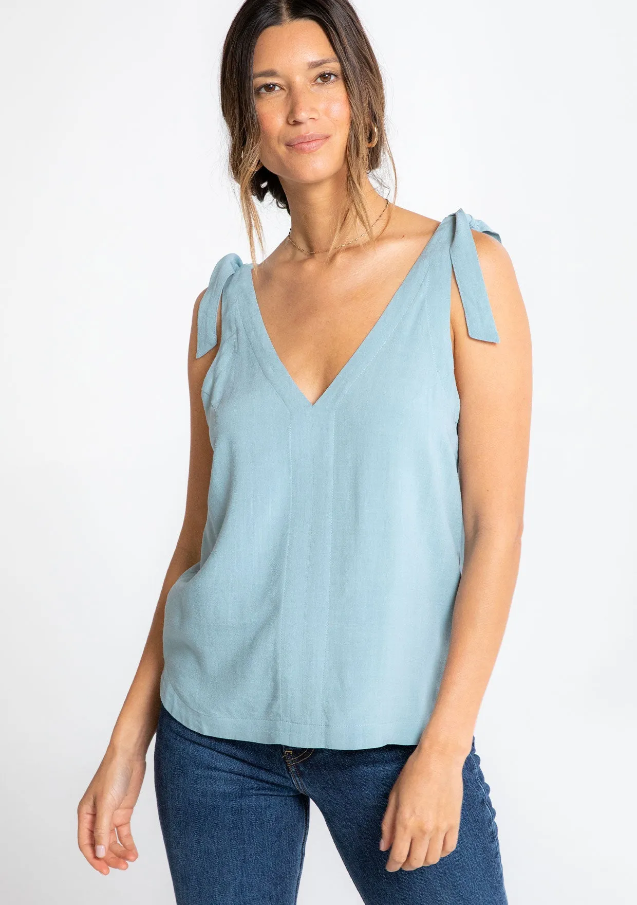Linen Blend Double V Neck Tank Top