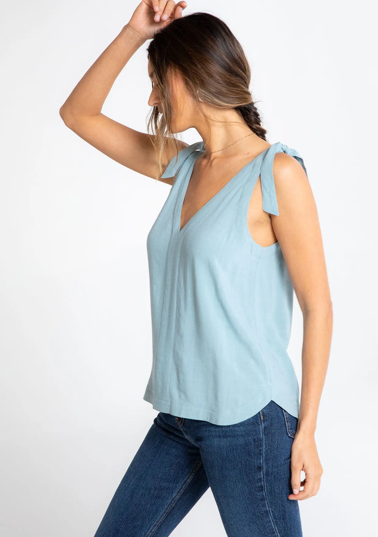Linen Blend Double V Neck Tank Top