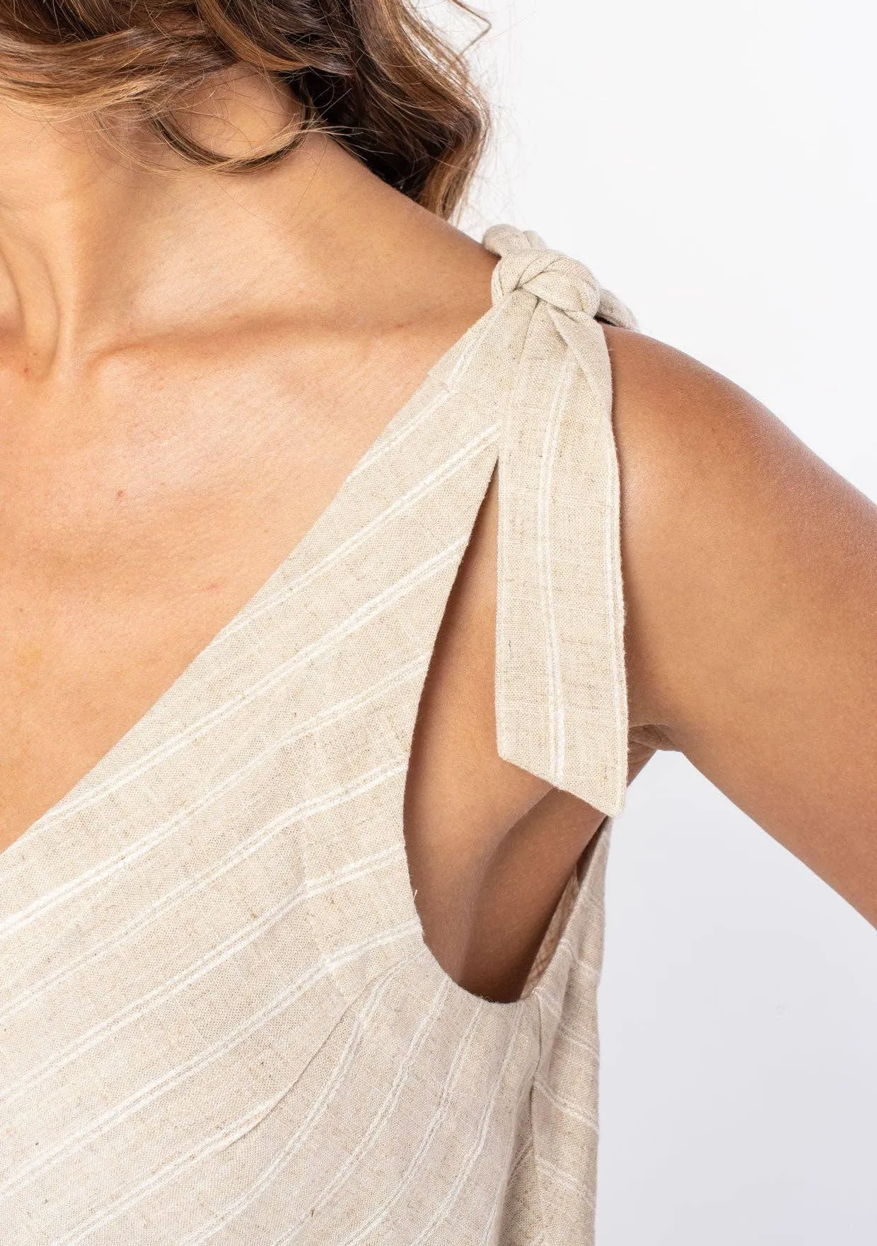 Linen Blend Striped Tie Shoulder Tank Top