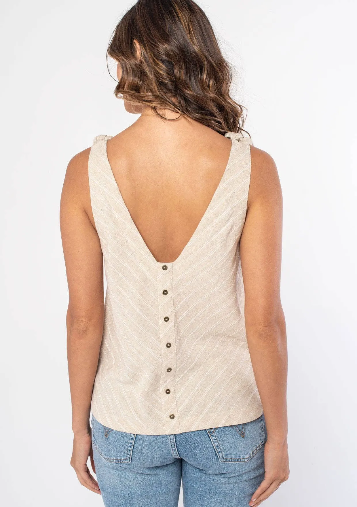 Linen Blend Striped Tie Shoulder Tank Top