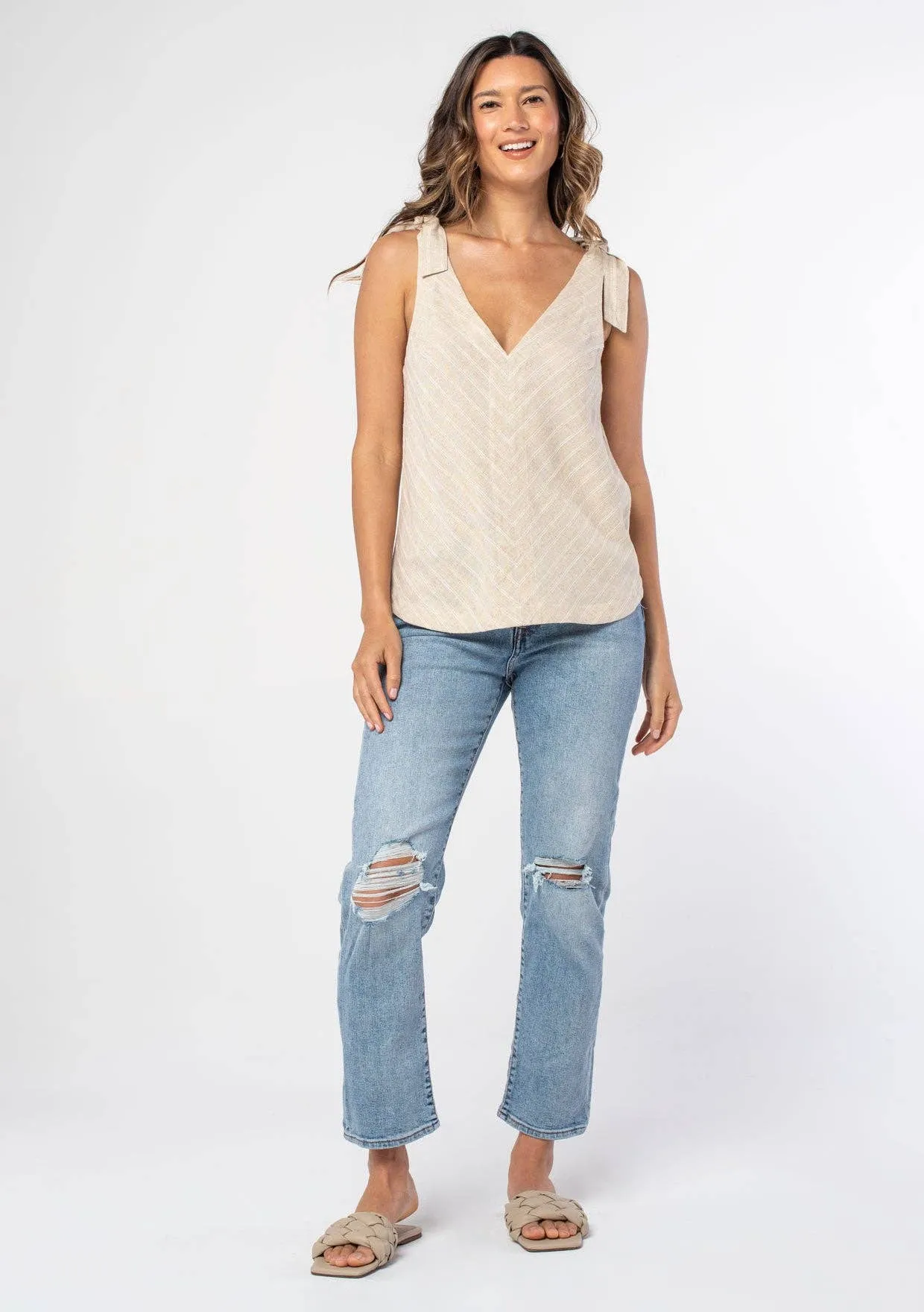 Linen Blend Striped Tie Shoulder Tank Top
