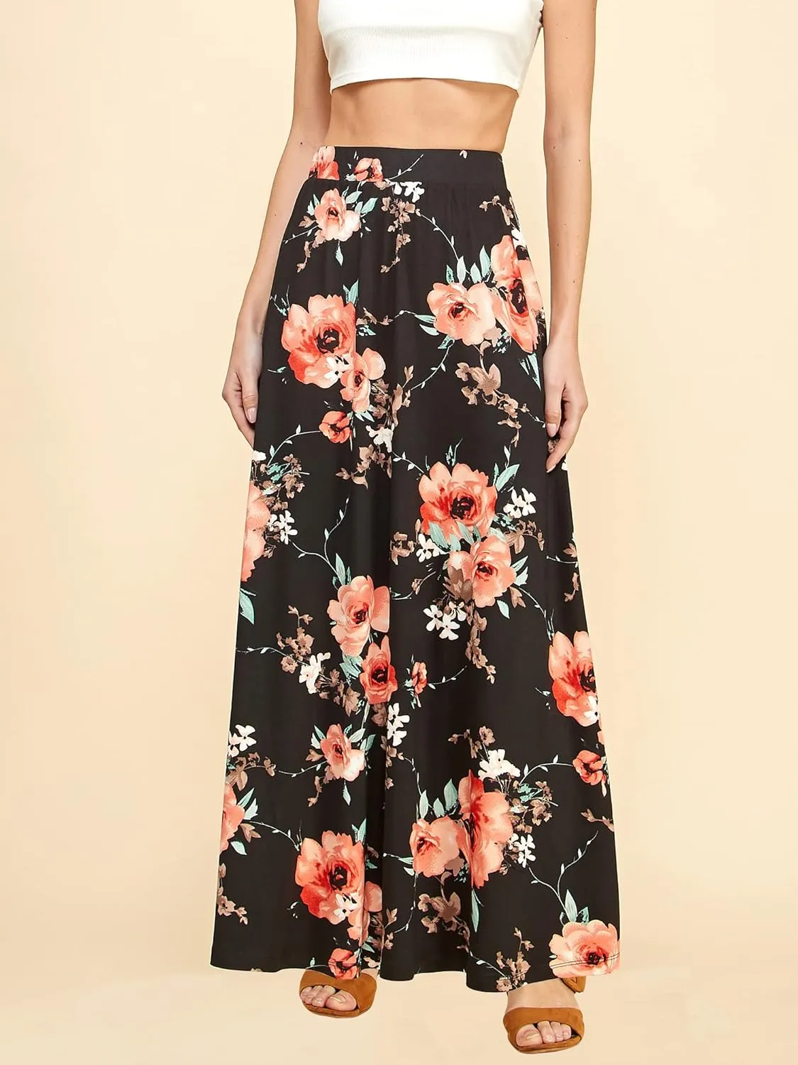 Lock and Love Women's Casual Comfy Stylish High Waist Flare Long Maxi Skirt  Available in Print & Solid Options