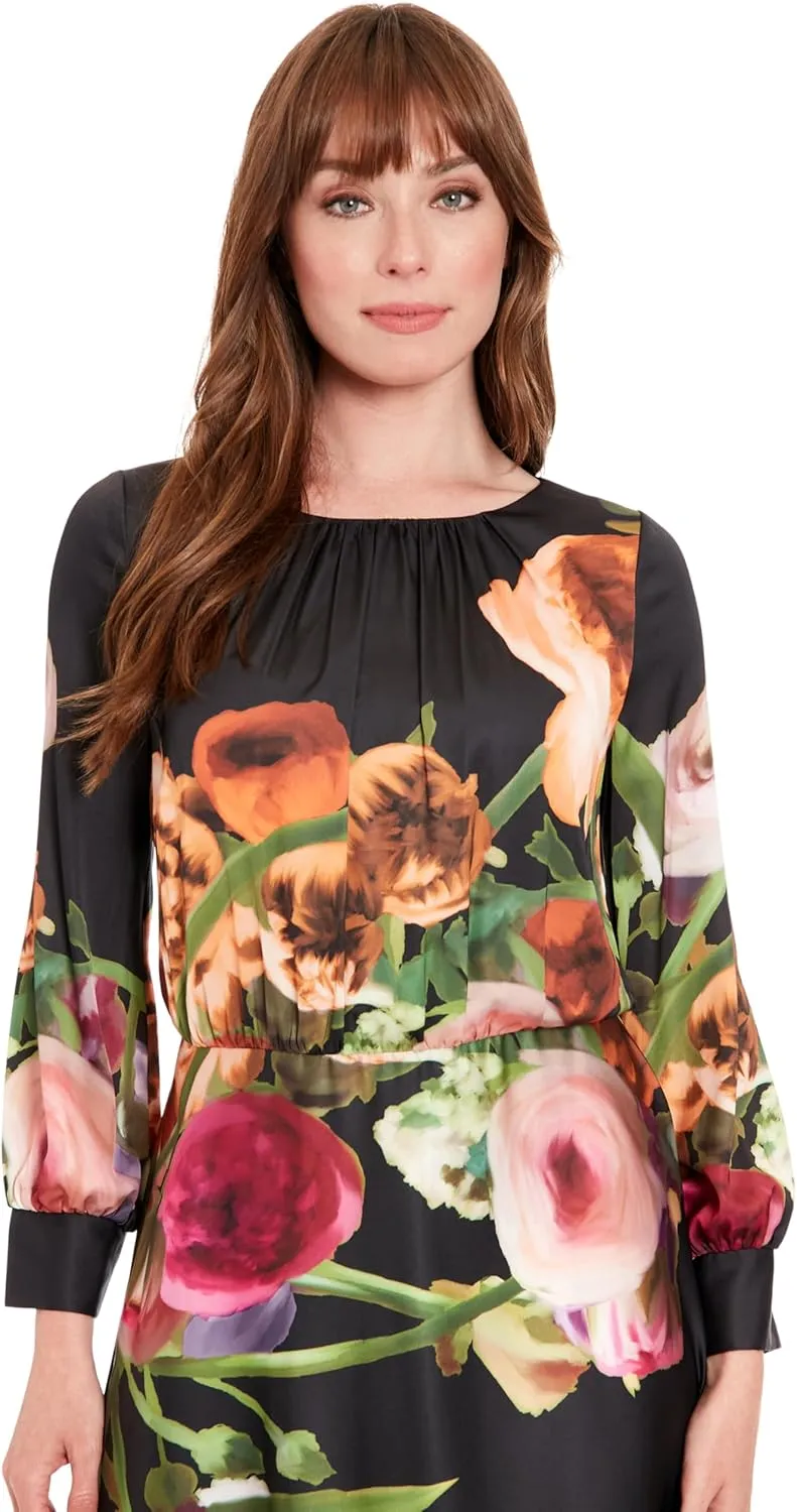 London Times Women's Elegant Floral Knee-Length Dress with Long Sleeves-Versatile for Weddings, Work, and Cocktail Parties