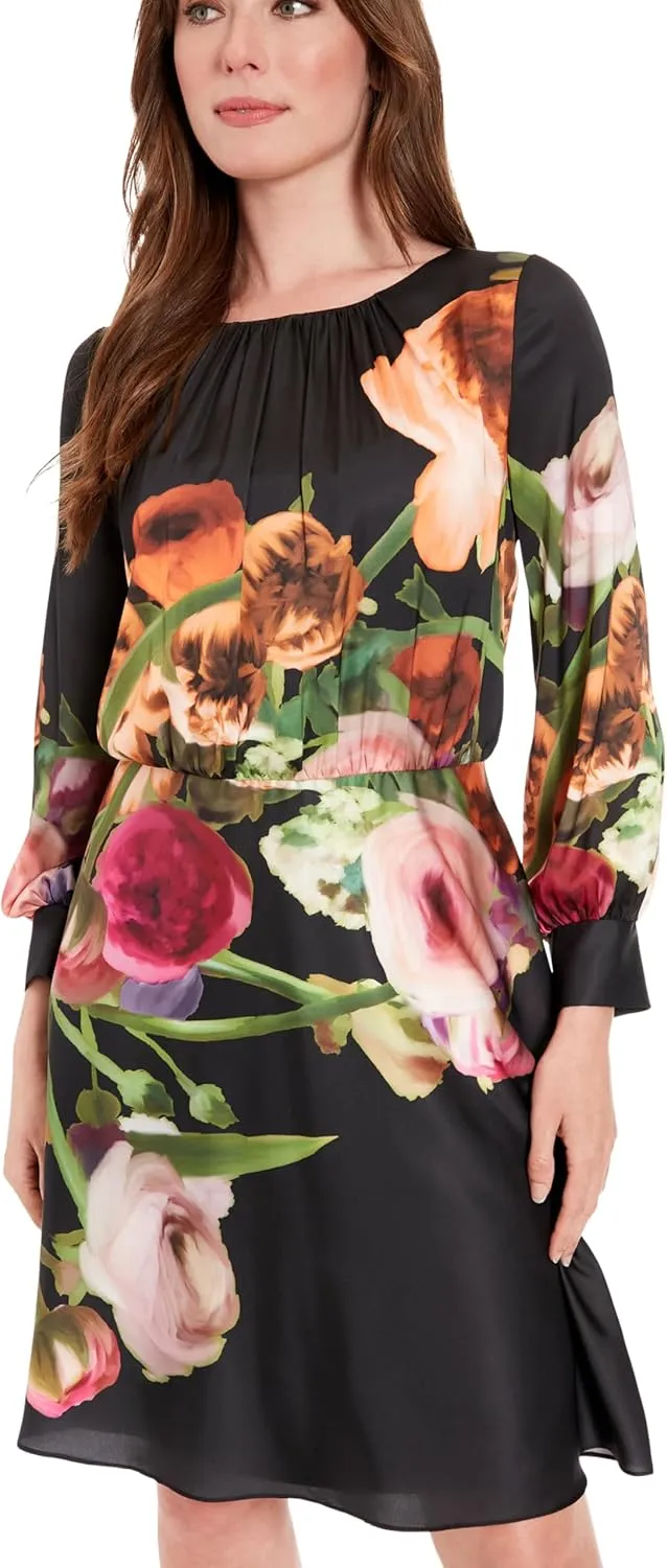London Times Women's Elegant Floral Knee-Length Dress with Long Sleeves-Versatile for Weddings, Work, and Cocktail Parties