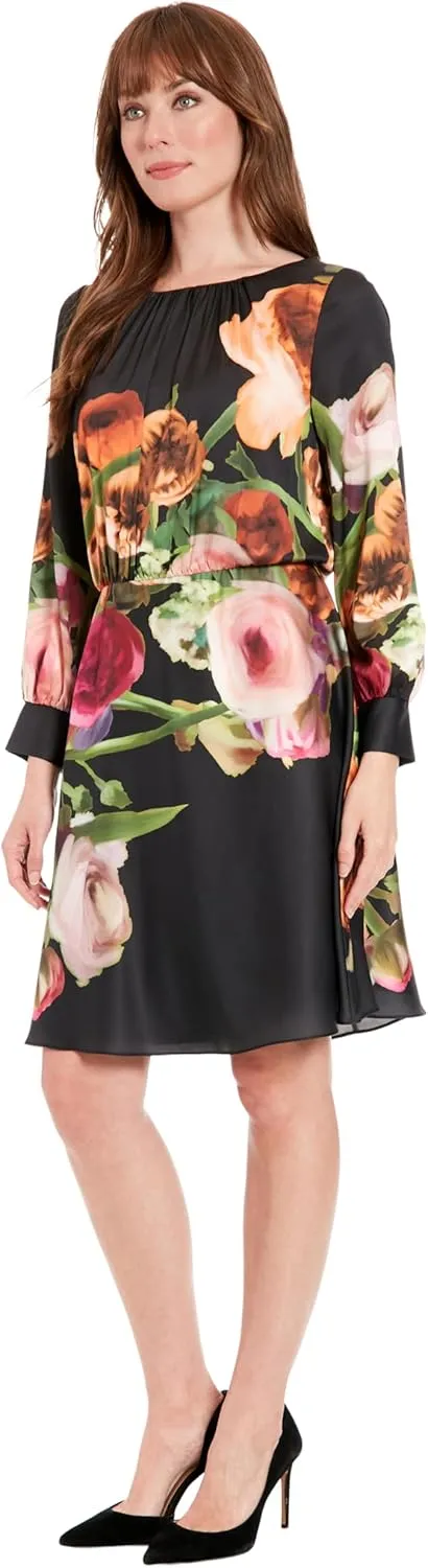 London Times Women's Elegant Floral Knee-Length Dress with Long Sleeves-Versatile for Weddings, Work, and Cocktail Parties