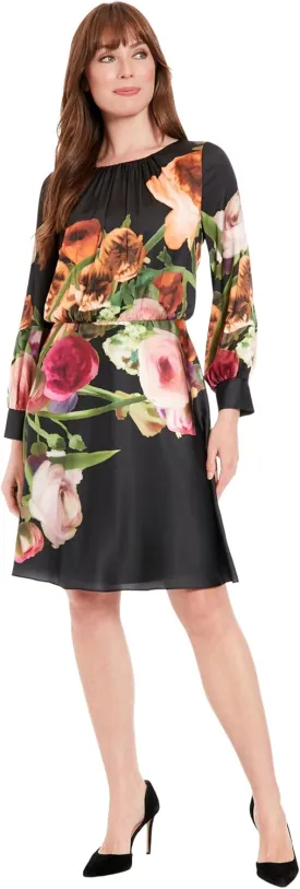 London Times Women's Elegant Floral Knee-Length Dress with Long Sleeves-Versatile for Weddings, Work, and Cocktail Parties