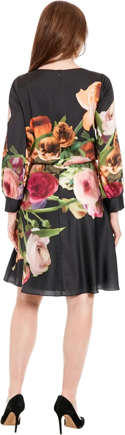 London Times Women's Elegant Floral Knee-Length Dress with Long Sleeves-Versatile for Weddings, Work, and Cocktail Parties
