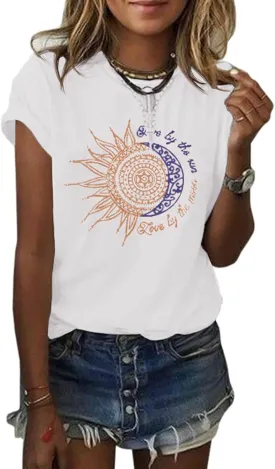 MaQiYa Womens Graphic Tees Summer Vintage Short Sleeve Cotton Moon and Sun Printed T Shirts Tops