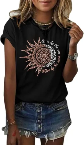 MaQiYa Womens Graphic Tees Summer Vintage Short Sleeve Cotton Moon and Sun Printed T Shirts Tops
