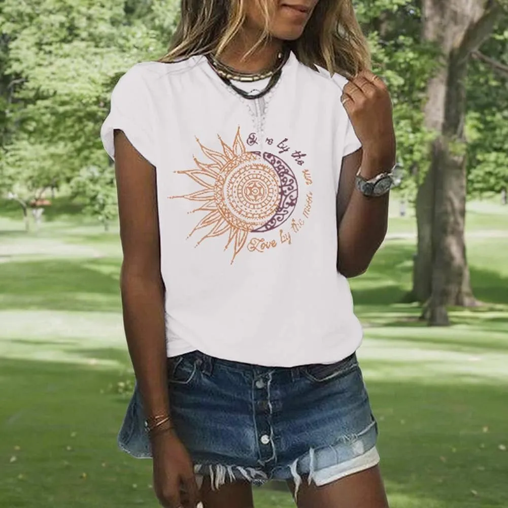 MaQiYa Womens Graphic Tees Summer Vintage Short Sleeve Cotton Moon and Sun Printed T Shirts Tops