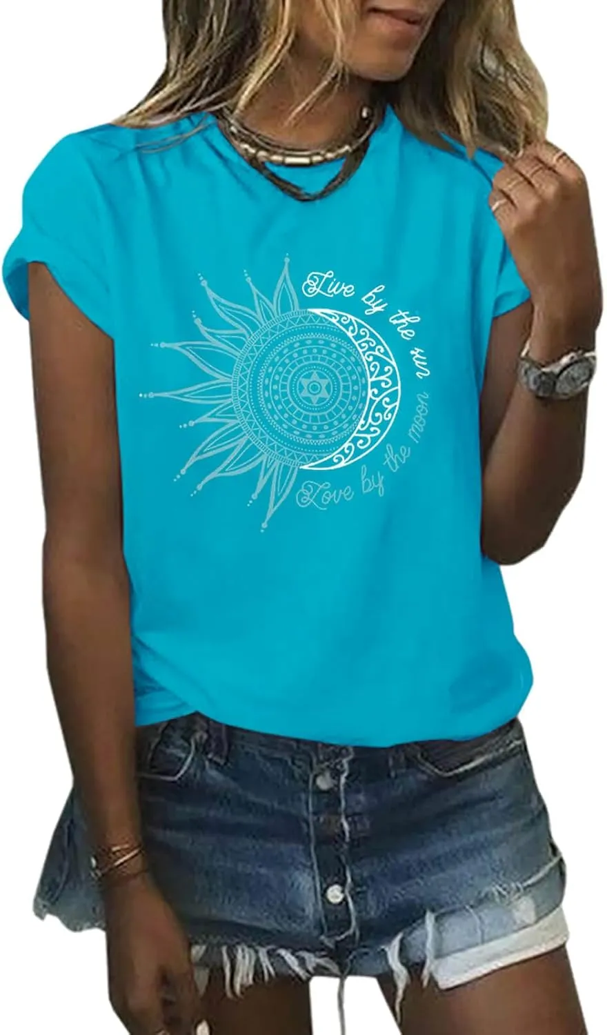 MaQiYa Womens Graphic Tees Summer Vintage Short Sleeve Cotton Moon and Sun Printed T Shirts Tops