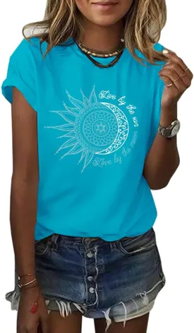MaQiYa Womens Graphic Tees Summer Vintage Short Sleeve Cotton Moon and Sun Printed T Shirts Tops