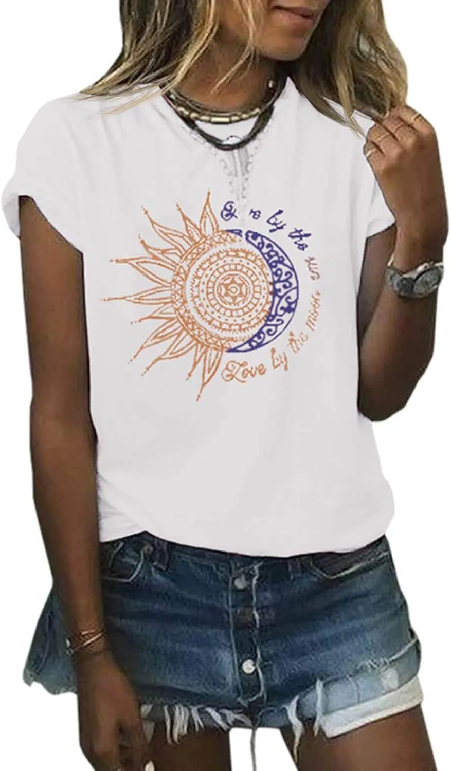MaQiYa Womens Graphic Tees Summer Vintage Short Sleeve Cotton Moon and Sun Printed T Shirts Tops