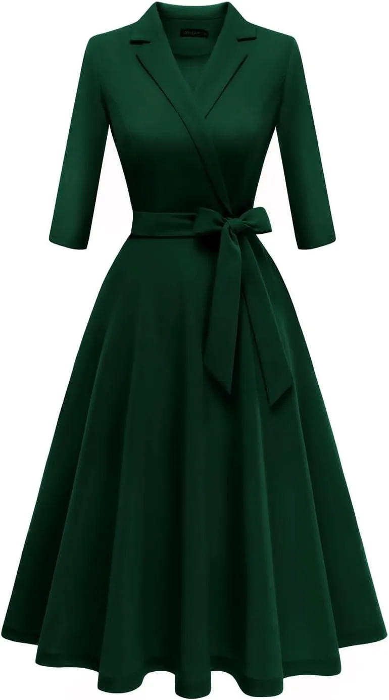 Meetjen Women's V-Neck Formal Dresses 3/4 Sleeve Modest Church Fit and Flare Cocktail Dress for Wedding Guest