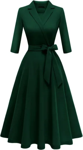 Meetjen Women's V-Neck Formal Dresses 3/4 Sleeve Modest Church Fit and Flare Cocktail Dress for Wedding Guest