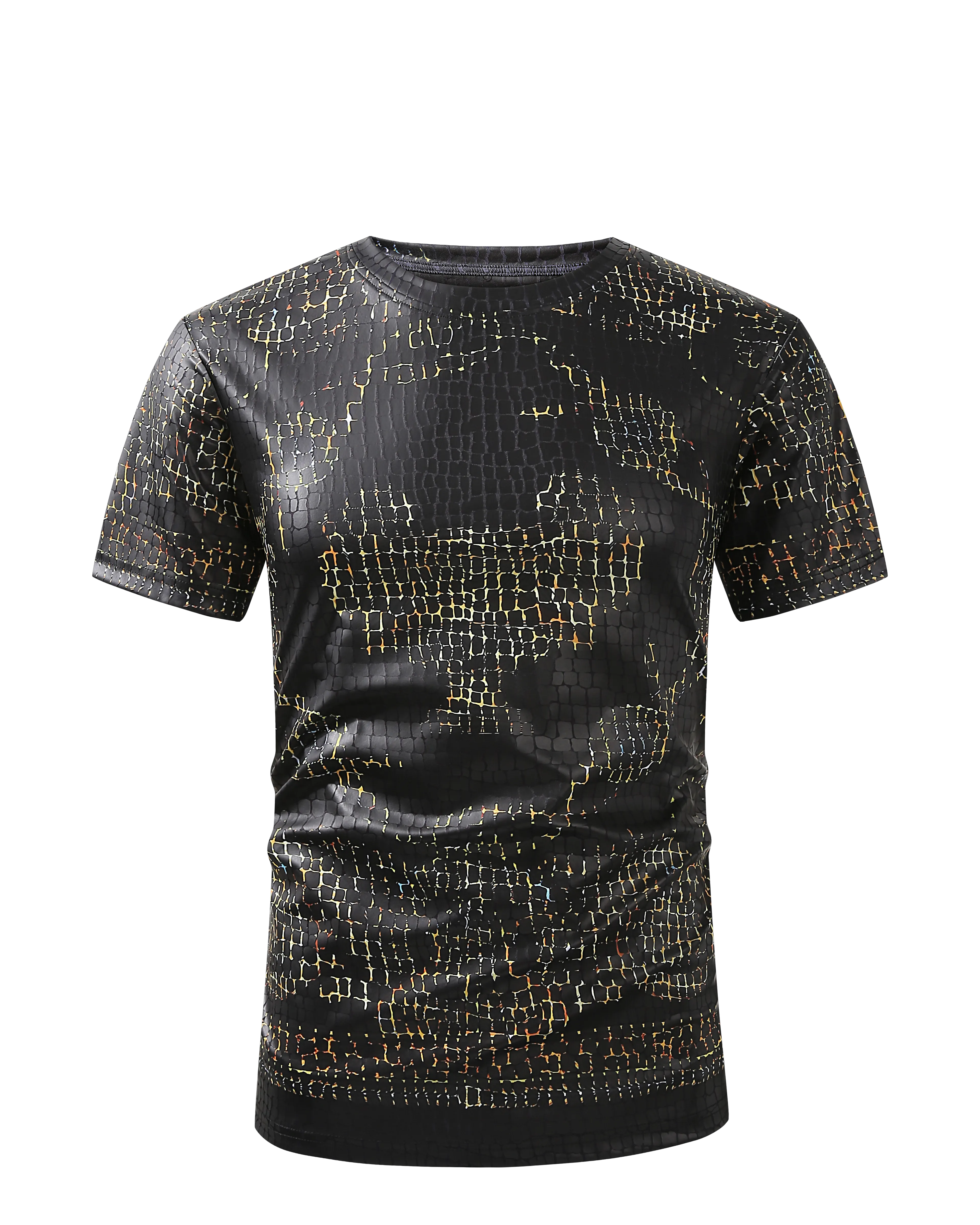 Men PREMIERE SLIM FIT Short Sleeve T SHIRT BLACK GOLD CHAIN CROCODILE REPTILE SKIN PRINT Designer Shirt