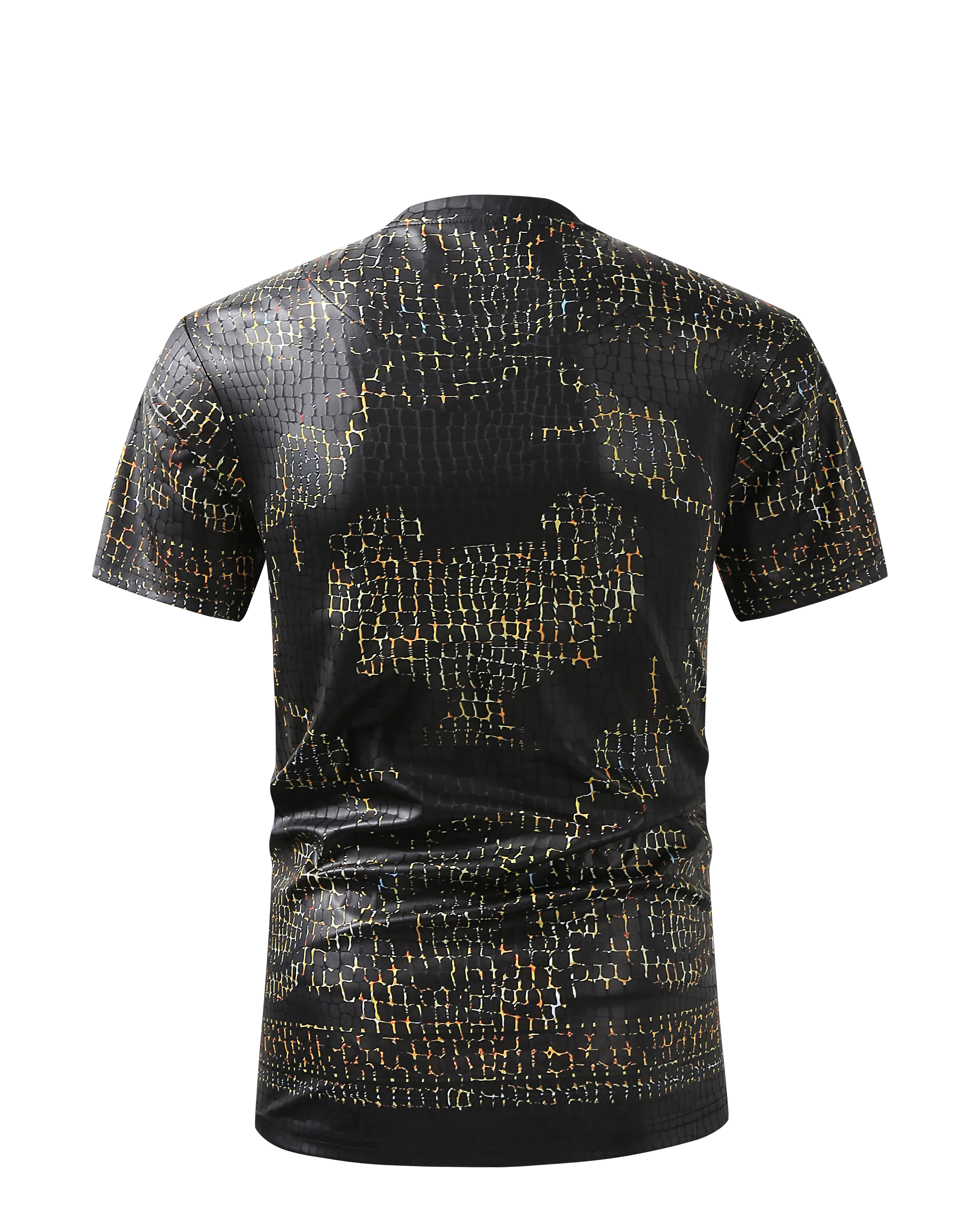 Men PREMIERE SLIM FIT Short Sleeve T SHIRT BLACK GOLD CHAIN CROCODILE REPTILE SKIN PRINT Designer Shirt