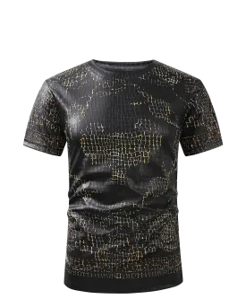 Men PREMIERE SLIM FIT Short Sleeve T SHIRT BLACK GOLD CHAIN CROCODILE REPTILE SKIN PRINT Designer Shirt