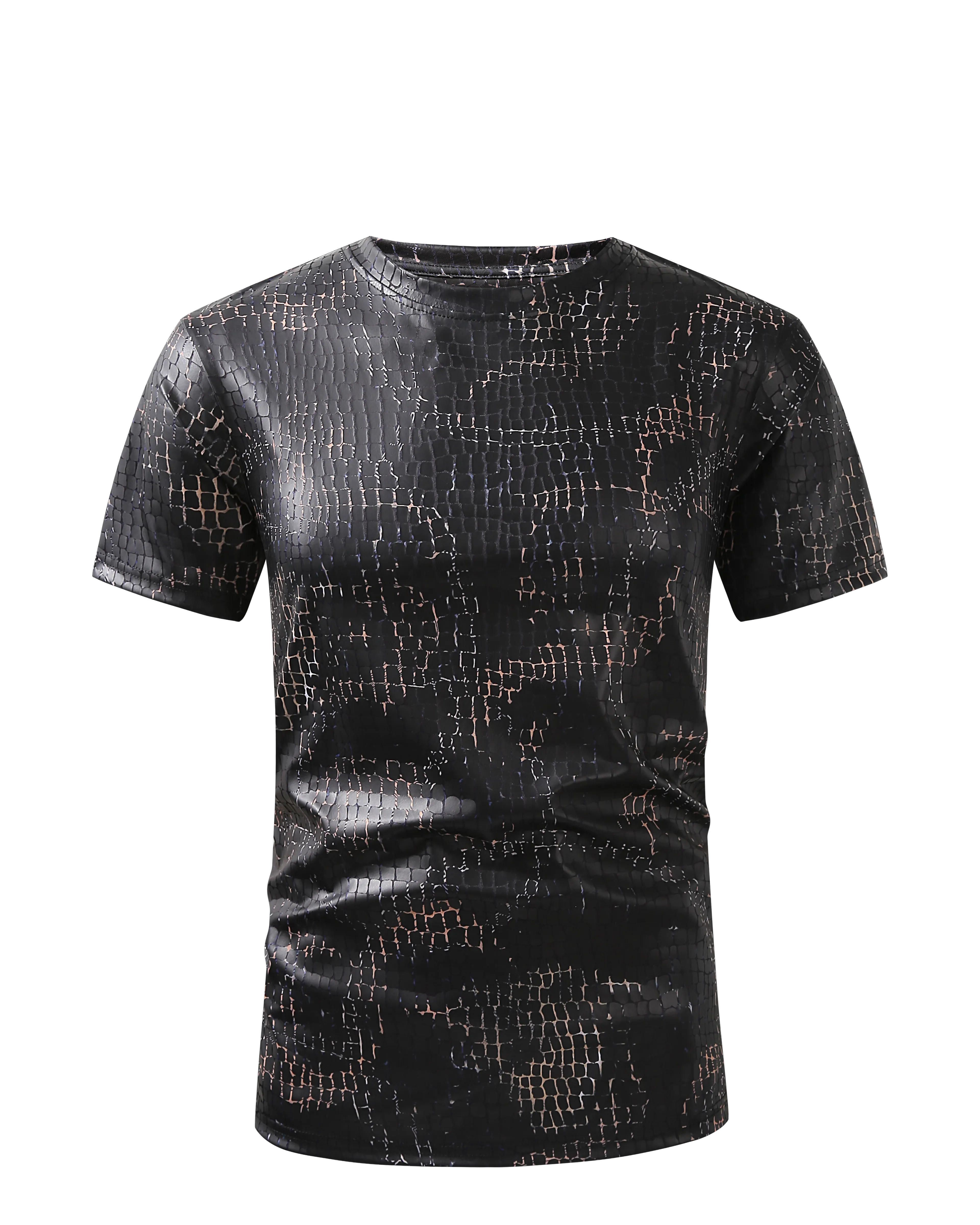 Men PREMIERE SLIM FIT Short Sleeve T SHIRT BLACK GRAY CHAIN REPTILE CROCODILE SKIN PRINT Designer Shirt