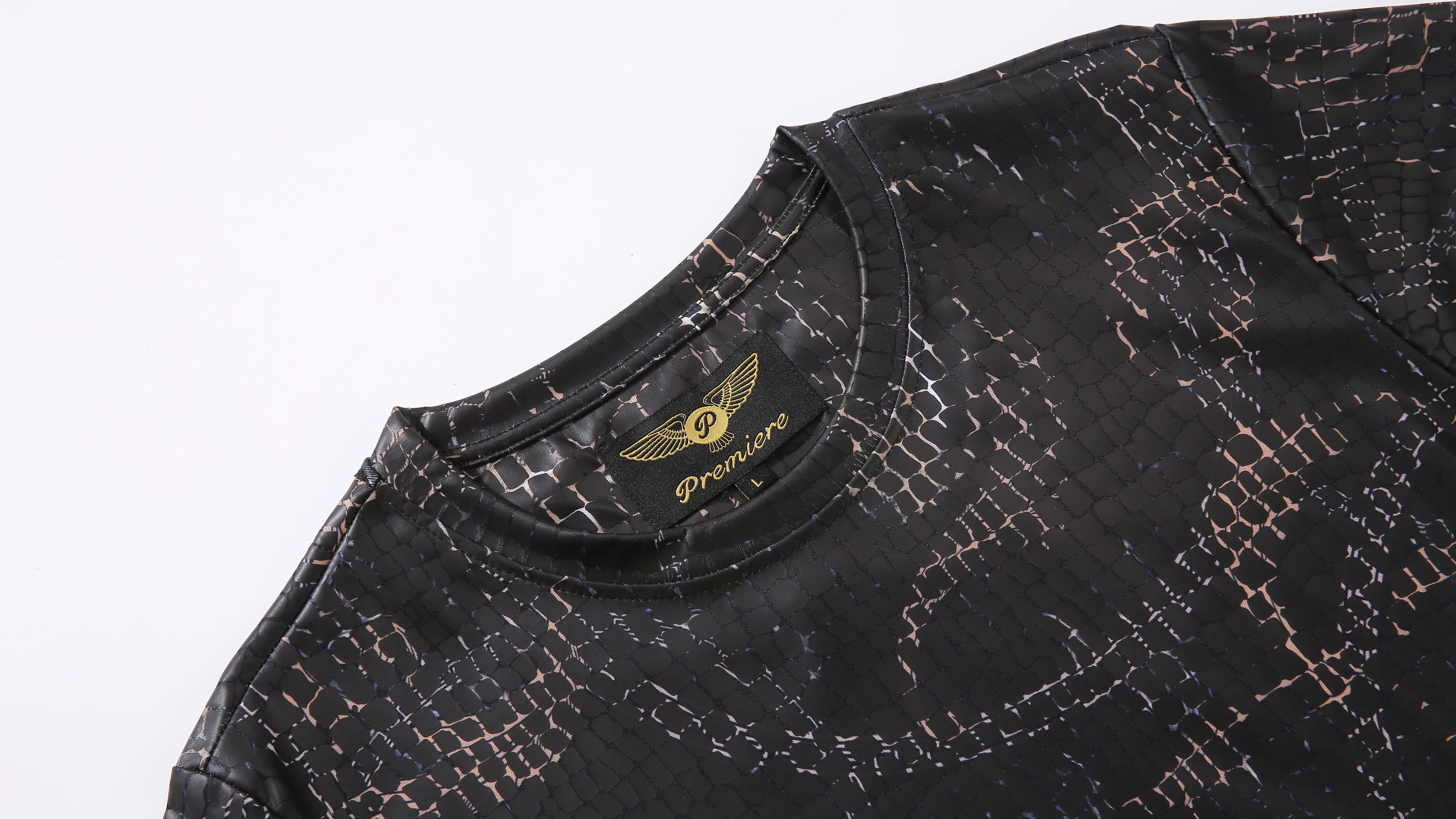 Men PREMIERE SLIM FIT Short Sleeve T SHIRT BLACK GRAY CHAIN REPTILE CROCODILE SKIN PRINT Designer Shirt