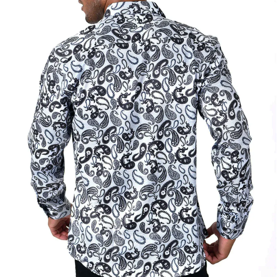 Men's Long Sleeve Button Down Dress Shirt Black White Grey Paisley All Over Print