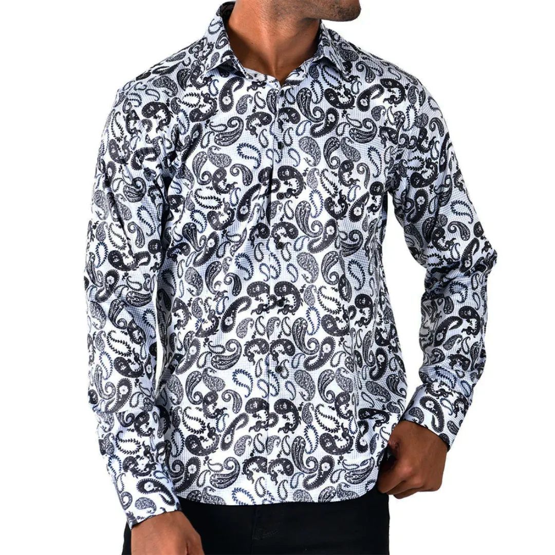 Men's Long Sleeve Button Down Dress Shirt Black White Grey Paisley All Over Print
