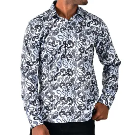 Men's Long Sleeve Button Down Dress Shirt Black White Grey Paisley All Over Print
