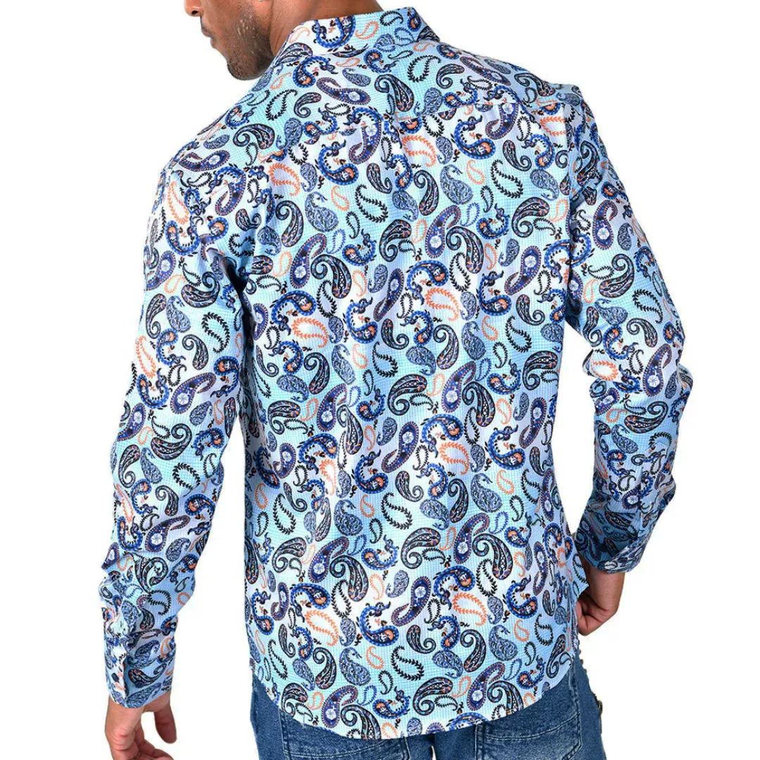 Men's Long Sleeve Button Down Dress Shirt Blue Orange White Grey Paisley All Over Print